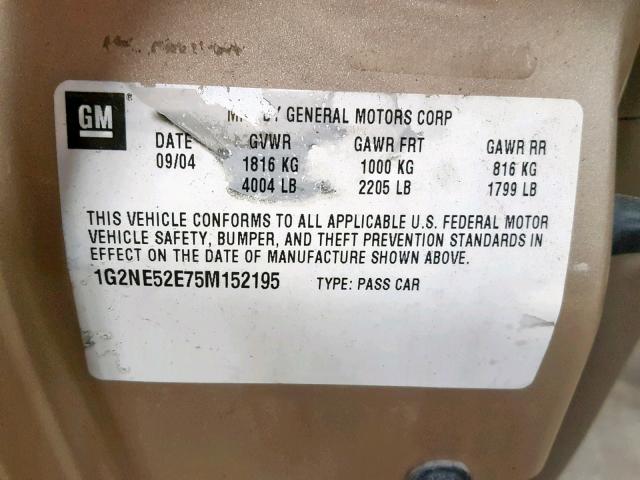 1G2NE52E75M152195 - 2005 PONTIAC GRAND AM S GOLD photo 10