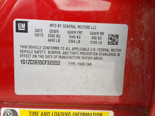 1G1ZC5E05CF320252 - 2012 CHEVROLET MALIBU 1LT 红色 照片 10