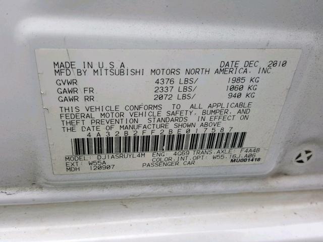 4A32B2FF2BE017587 - 2011 MITSUBISHI GALANT FE WHITE photo 10