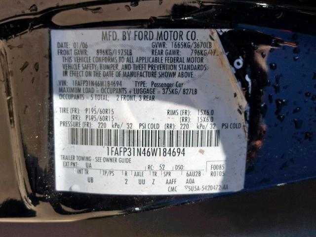 1FAFP31N46W184694 - 2006 FORD FOCUS ZX3 BLACK photo 10