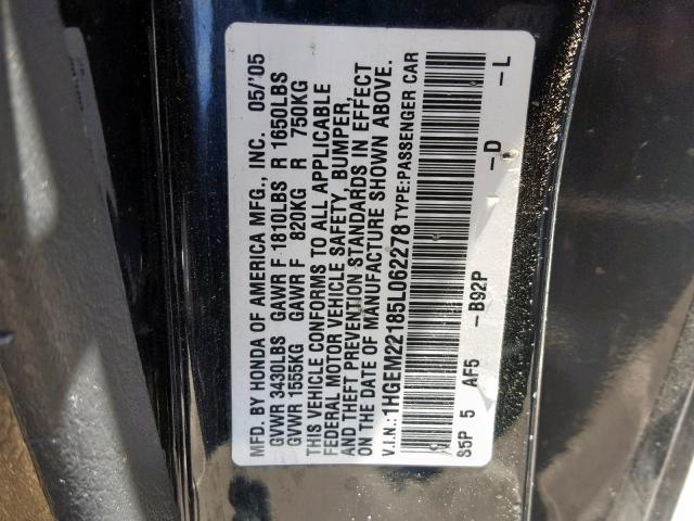 1HGEM22185L062278 - 2005 HONDA CIVIC DX V BLACK photo 10