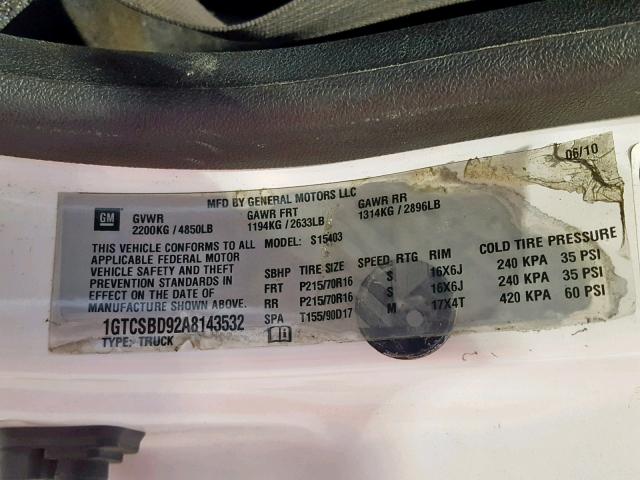 1GTCSBD92A8143532 - 2010 GMC CANYON WHITE photo 10