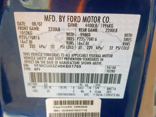 1FMCU03Z48KB51785 - 2008 FORD ESCAPE XLT BLUE photo 10