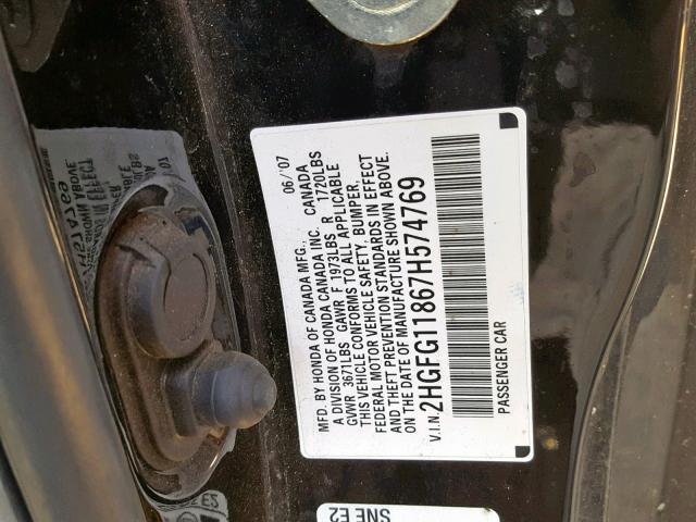 2HGFG11867H574769 - 2007 HONDA CIVIC EX BLACK photo 10