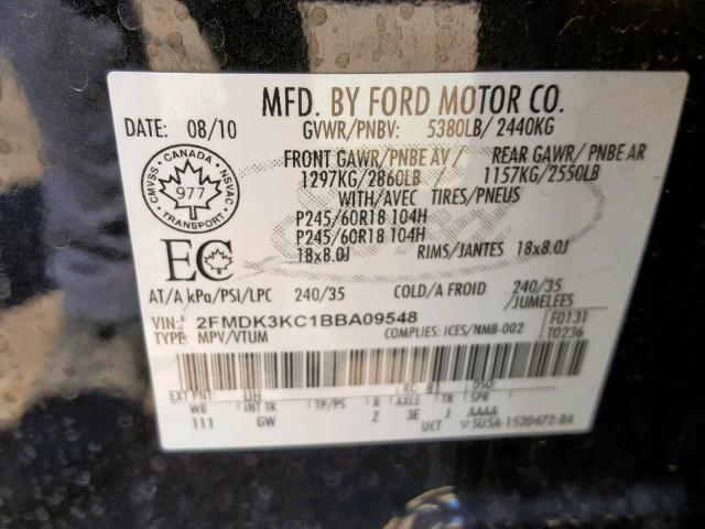 2FMDK3KC1BBA09548 - 2011 FORD EDGE LIMIT BLACK photo 10