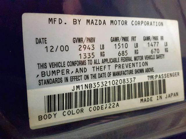 JM1NB353210208337 - 2001 MAZDA MX-5 MIATA BLUE photo 10