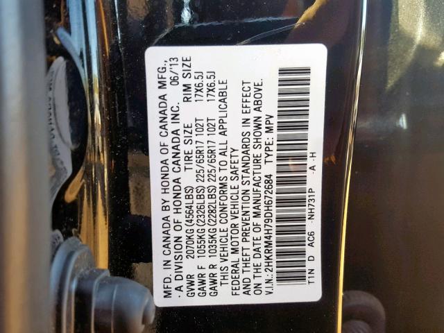 2HKRM4H79DH672684 - 2013 HONDA CR-V EXL BLACK photo 10