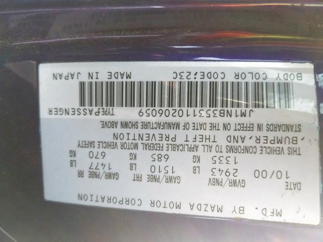 JM1NB353110206059 - 2001 MAZDA MX-5 MIATA BASE  photo 10