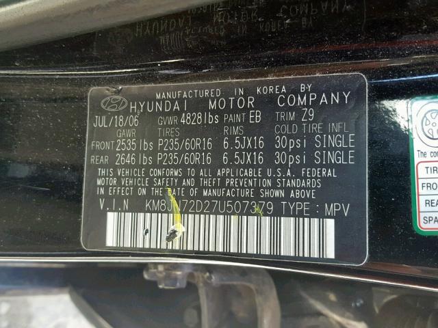 KM8JN72D27U507379 - 2007 HYUNDAI TUCSON SE BLACK photo 10