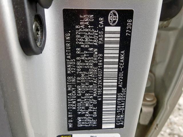 4T1BE32K46U718478 - 2006 TOYOTA CAMRY LE SILVER photo 10