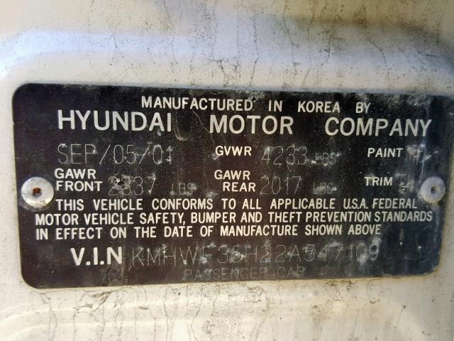 KMHWF35H22A547109 - 2002 HYUNDAI SONATA GLS WHITE photo 10