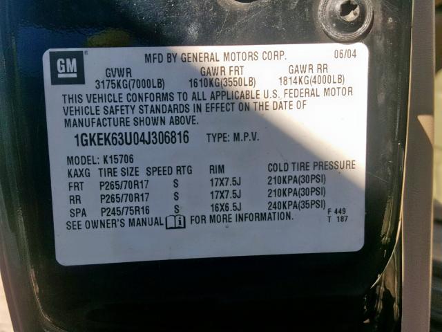 1GKEK63U04J306816 - 2004 GMC YUKON DENA BLACK photo 10