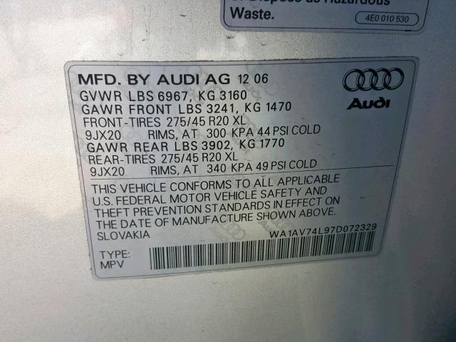 WA1AV74L97D072329 - 2007 AUDI Q7 4.2 QUA SILVER photo 10