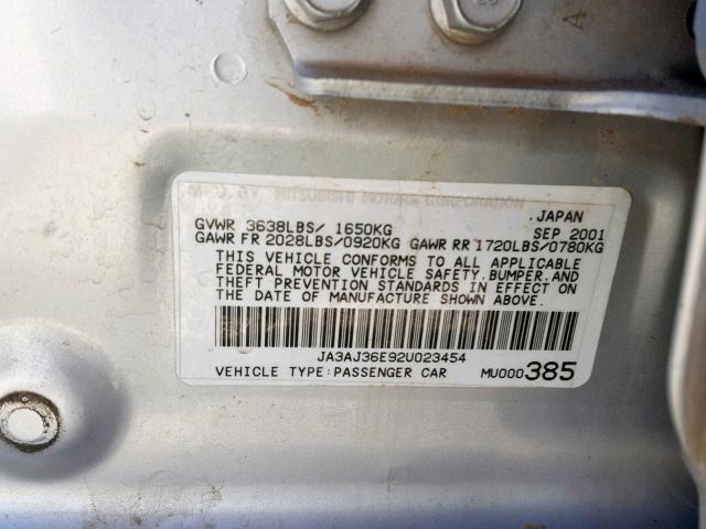 JA3AJ36E92U023454 - 2002 MITSUBISHI LANCER LS SILVER photo 10