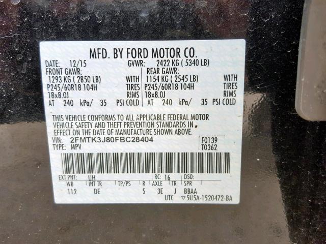 2FMTK3J80FBC28404 - 2015 FORD EDGE SEL BLACK photo 10