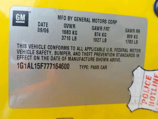 1G1AL15F777164600 - 2007 CHEVROLET COBALT LT YELLOW photo 10