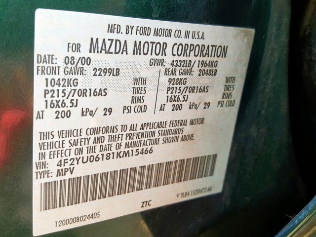 4F2YU06181KM15466 - 2001 MAZDA TRIBUTE DX 绿色 照片 10