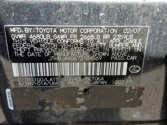 JTHBJ46G672104569 - 2007 LEXUS ES 350 BLACK photo 10