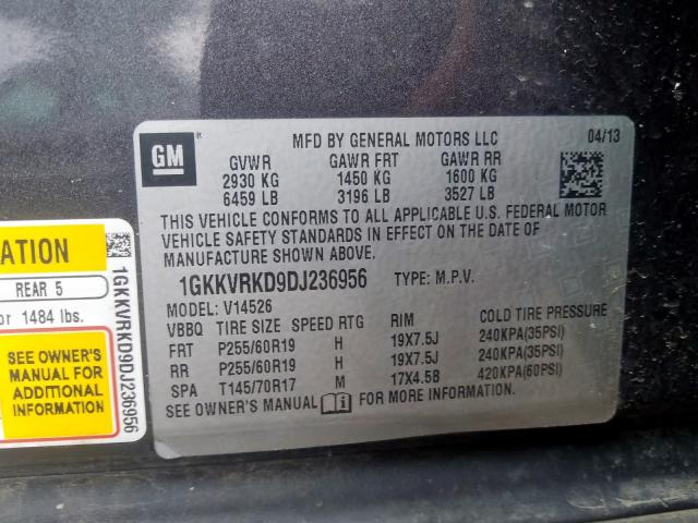 1GKKVRKD9DJ236956 - 2013 GMC ACADIA SLT-1  photo 10