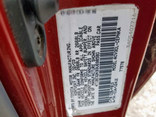 4T1BE32K93U698580 - 2003 TOYOTA CAMRY LE RED photo 10