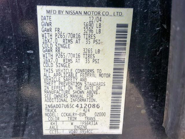 1N6AD07U65C412086 - 2005 NISSAN FRONTIER C BLACK photo 10