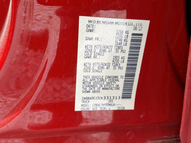 1N6BA0EJ3CN331313 - 2012 NISSAN TITAN S RED photo 10