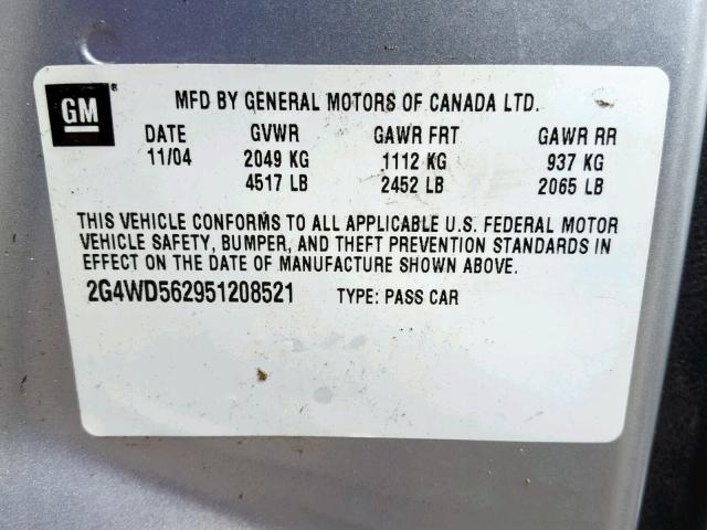 2G4WD562951208521 - 2005 BUICK LACROSSE C SILVER photo 10