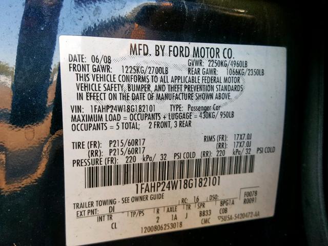 1FAHP24W18G182101 - 2008 FORD TAURUS SEL BLUE photo 10