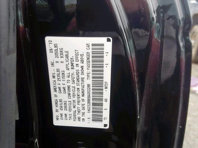 1HGCS2B86BA002288 - 2011 HONDA ACCORD EXL BLACK photo 10