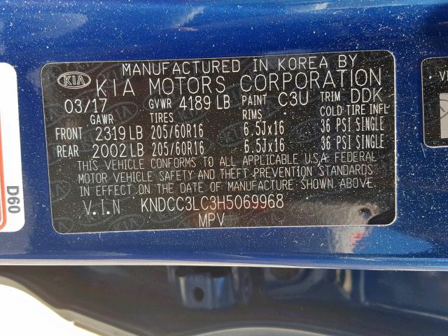 KNDCC3LC3H5069968 - 2017 KIA NIRO EX BLUE photo 10