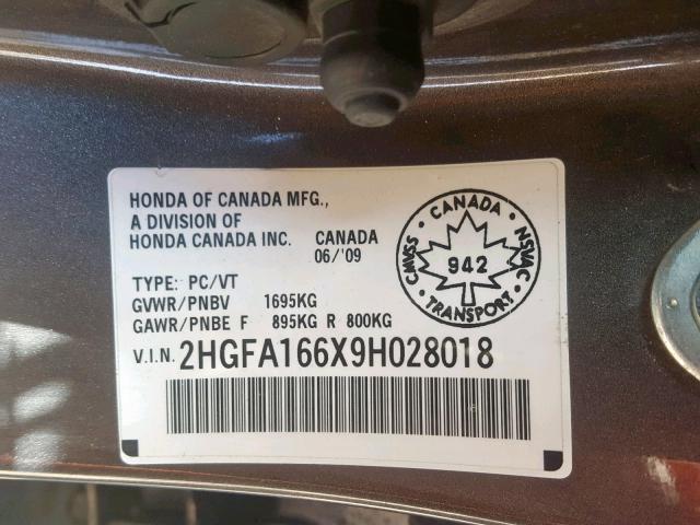 2HGFA166X9H028018 - 2009 HONDA CIVIC LX-S Boz foto 10