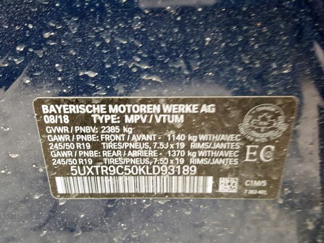 5UXTR9C50KLD93189 - 2019 BMW X3 XDRIVE3 BLUE photo 10