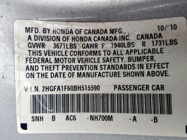 2HGFA1F60BH515590 - 2011 HONDA CIVIC LX-S Gümüş foto 10