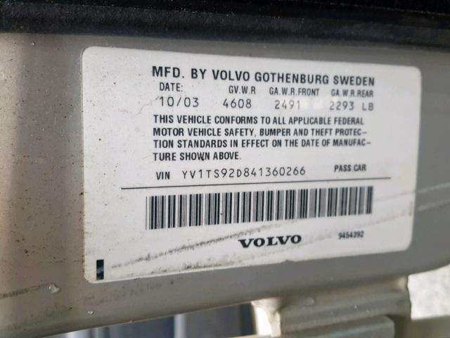 YV1TS92D841360266 - 2004 VOLVO S80 GRAY photo 10