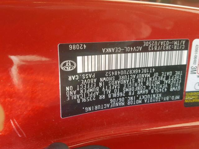 4T1BE46K87U048452 - 2007 TOYOTA CAMRY NEW RED photo 10