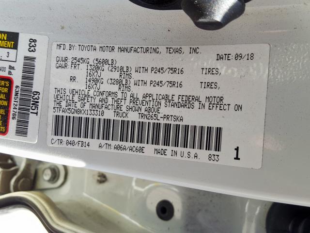 5TFAX5GN8KX133310 - 2019 TOYOTA TACOMA DOUBLE CAB  照片 10