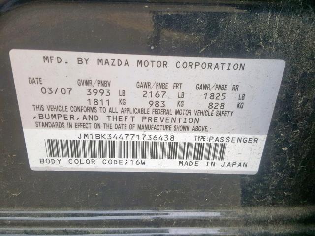 JM1BK344771736438 - 2007 MAZDA 3 HATCHBAC BLACK photo 10