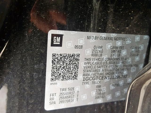 1GCGTCEN1J1296783 - 2018 CHEVROLET COLORADO L BLACK photo 10