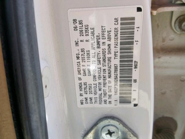 1HGCP36828A078987 - 2008 HONDA ACCORD EXL WHITE photo 10