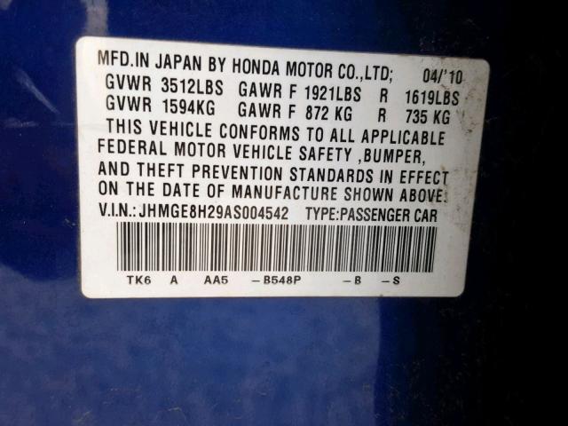 JHMGE8H29AS004542 - 2010 HONDA FIT BLUE photo 10