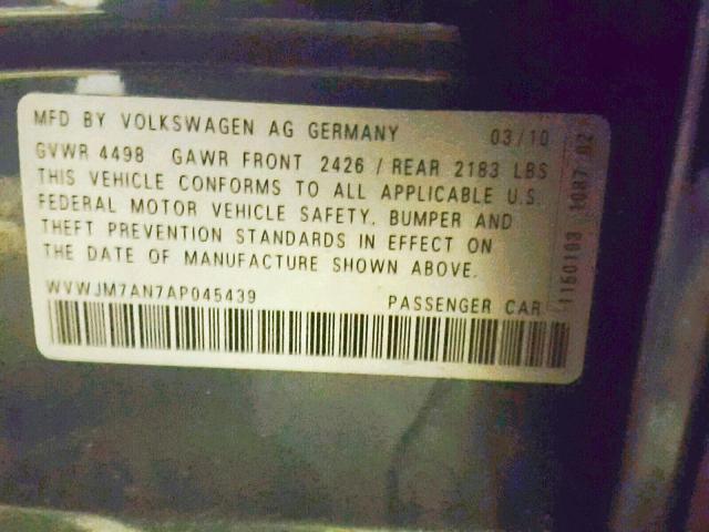 WVWJM7AN7AP045439 - 2010 VOLKSWAGEN PASSAT KOM GRAY photo 10