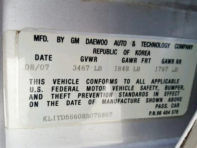 KL1TD56608B076867 - 2008 CHEVROLET AVEO BASE Күміс фото 10