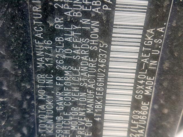 4T1BK1EB6HU246375 - 2017 TOYOTA AVALON XLE BLACK photo 10