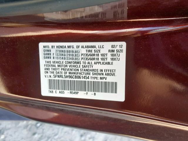 5FNRL5H96CB061454 - 2012 HONDA ODYSSEY TO MAROON photo 10