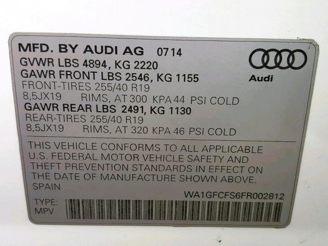 WA1GFCFS6FR002812 - 2015 AUDI Q3 PRESTIG WHITE photo 10