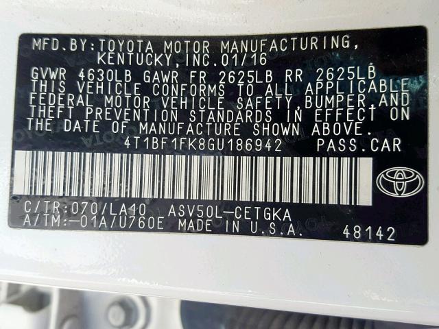 4T1BF1FK8GU186942 - 2016 TOYOTA CAMRY LE WHITE photo 10