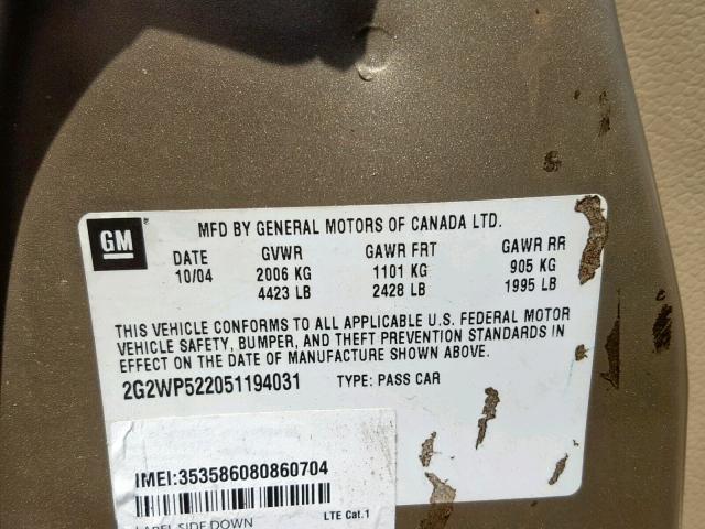 2G2WP522051194031 - 2005 PONTIAC GRAND PRIX GOLD photo 10