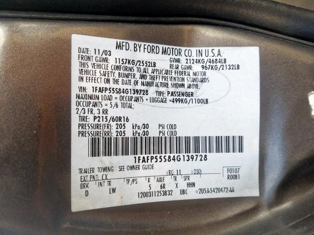 1FAFP55S84G139728 - 2004 FORD TAURUS SES  photo 10