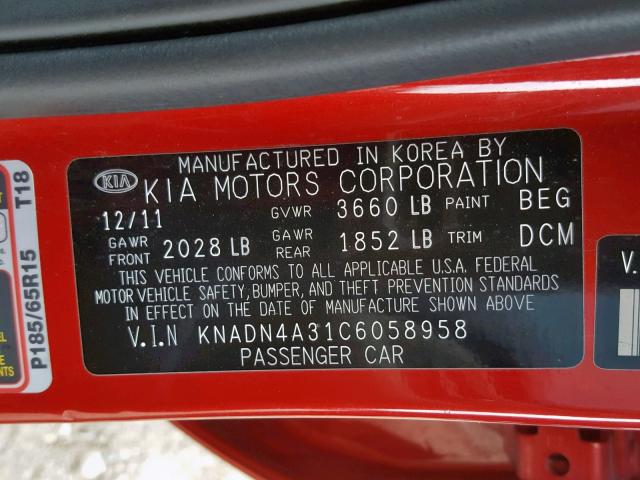 KNADN4A31C6058958 - 2012 KIA RIO EX RED photo 10