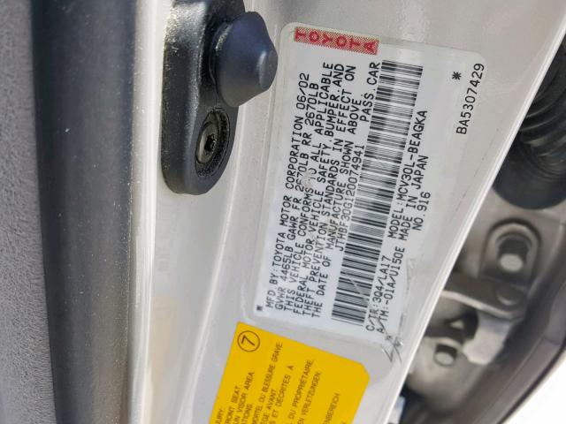 JTHBF30G120074941 - 2002 LEXUS ES 300 SILVER photo 10